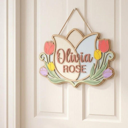 Personalized Tulip Baby Name Sign, 3D Wooden Nursery Wall Decor, Custom Baby Girl Door Hanger, Floral Newborn Baby Shower Gift for Baby Girl