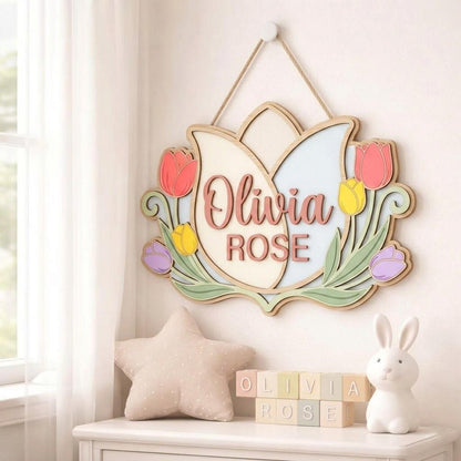 Personalized Tulip Baby Name Sign, 3D Wooden Nursery Wall Decor, Custom Baby Girl Door Hanger, Floral Newborn Baby Shower Gift for Baby Girl