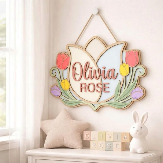 Personalized Tulip Baby Name Sign, 3D Wooden Nursery Wall Decor, Custom Baby Girl Door Hanger, Floral Newborn Baby Shower Gift for Baby Girl