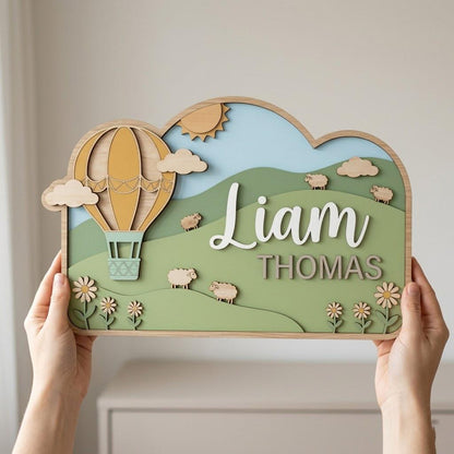 Personalized Hot Air Balloon Baby Name Sign, 3D Wooden Nursery Wall Decor, Custom Boy Door Hanger, Farm Animal Baby Shower Gift for Boy Room