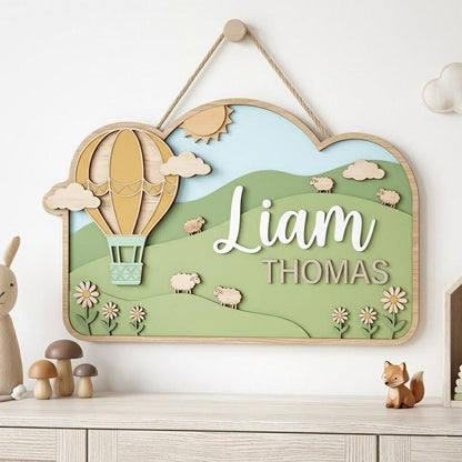 Personalized Hot Air Balloon Baby Name Sign, 3D Wooden Nursery Wall Decor, Custom Boy Door Hanger, Farm Animal Baby Shower Gift for Boy Room