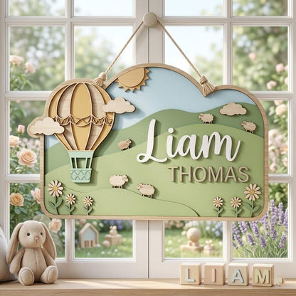 Personalized Hot Air Balloon Baby Name Sign, 3D Wooden Nursery Wall Decor, Custom Boy Door Hanger, Farm Animal Baby Shower Gift for Boy Room