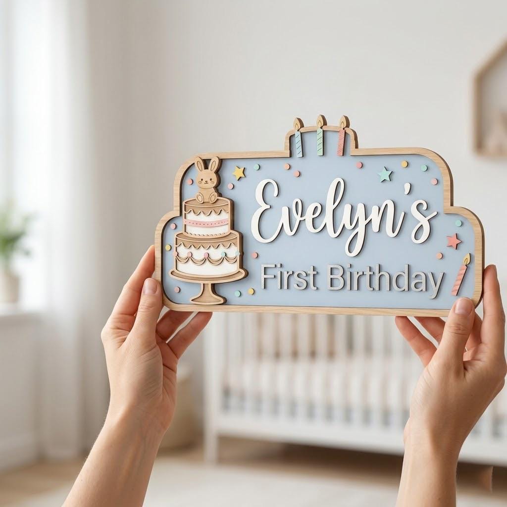 Personalized First Birthday Name Sign, 3D Wooden Bunny Cake Nursery Wall Decor, Custom Baby Door Hanger, One Year Old Party Decor, Baby Gift