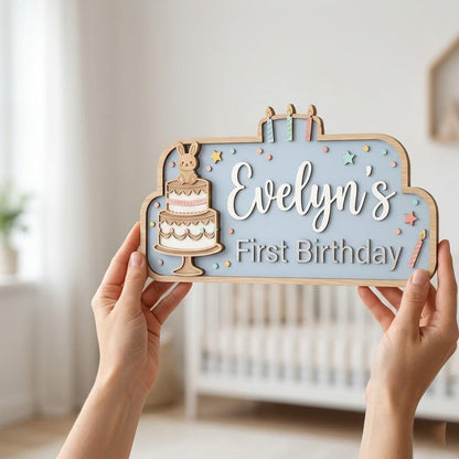 Personalized First Birthday Name Sign, 3D Wooden Bunny Cake Nursery Wall Decor, Custom Baby Door Hanger, One Year Old Party Decor, Baby Gift