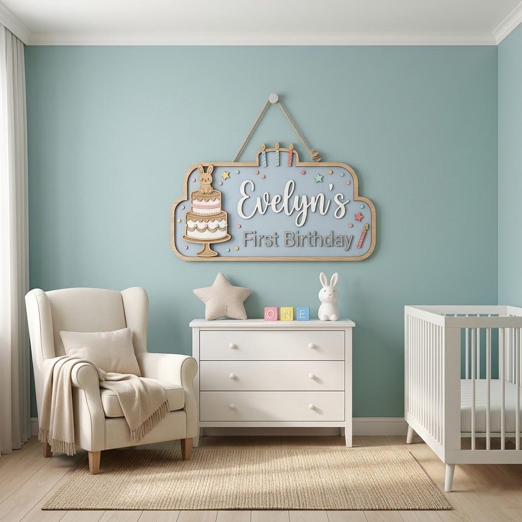 Personalized First Birthday Name Sign, 3D Wooden Bunny Cake Nursery Wall Decor, Custom Baby Door Hanger, One Year Old Party Decor, Baby Gift