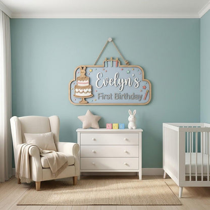 Personalized First Birthday Name Sign, 3D Wooden Bunny Cake Nursery Wall Decor, Custom Baby Door Hanger, One Year Old Party Decor, Baby Gift