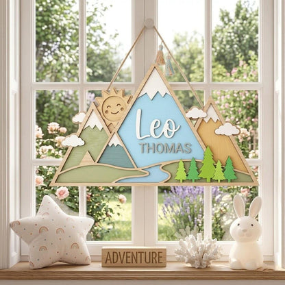 Personalized Mountain Baby Name Sign, 3D Wooden Adventure Nursery Wall Decor, Custom Boy Door Hanger, Outdoor Baby Shower Gift for Boys Room