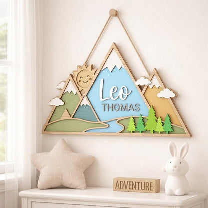 Personalized Mountain Baby Name Sign, 3D Wooden Adventure Nursery Wall Decor, Custom Boy Door Hanger, Outdoor Baby Shower Gift for Boys Room