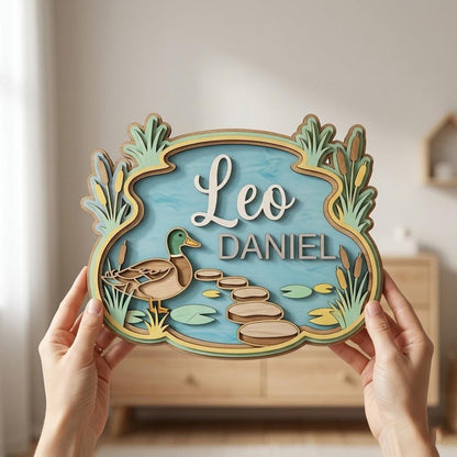 Personalized Duck Pond Baby Name Sign, 3D Wooden Nursery Wall Decor, Custom Boy Door Hanger, Farm Animal Newborn Gift, Baby Shower Decor Art