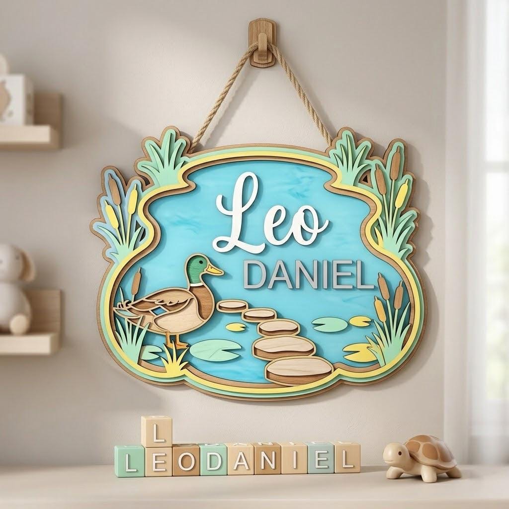 Personalized Duck Pond Baby Name Sign, 3D Wooden Nursery Wall Decor, Custom Boy Door Hanger, Farm Animal Newborn Gift, Baby Shower Decor Art