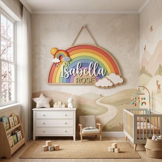 Personalized Rainbow Baby Name Sign, 3D Wooden Cloud Nursery Wall Decor, Custom Girl Door Hanger, Rainbow Baby Shower Gift for Nursery Decor