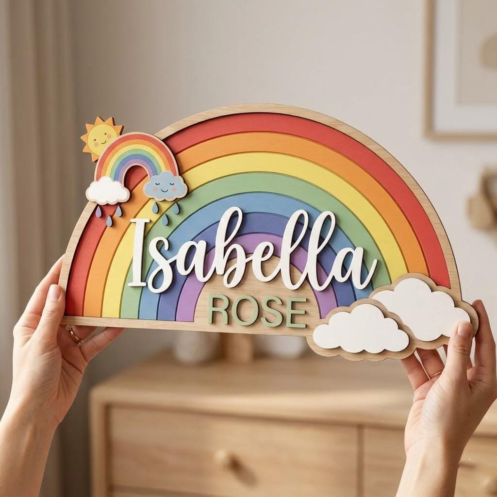 Personalized Rainbow Baby Name Sign, 3D Wooden Cloud Nursery Wall Decor, Custom Girl Door Hanger, Rainbow Baby Shower Gift for Nursery Decor