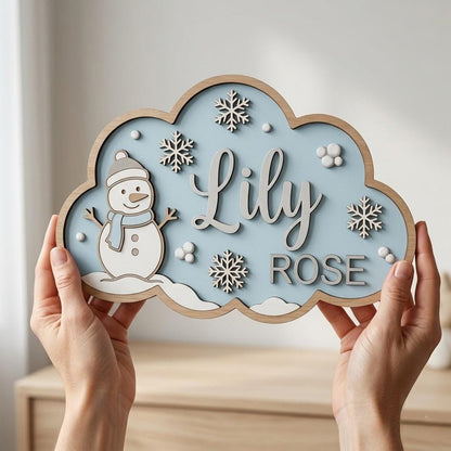 Personalized Snowman Baby Name Sign, 3D Wooden Winter Nursery Wall Decor, Custom Girl Door Hanger, Christmas Baby Shower Gift for Baby Girls