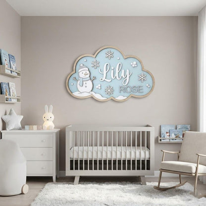 Personalized Snowman Baby Name Sign, 3D Wooden Winter Nursery Wall Decor, Custom Girl Door Hanger, Christmas Baby Shower Gift for Baby Girls