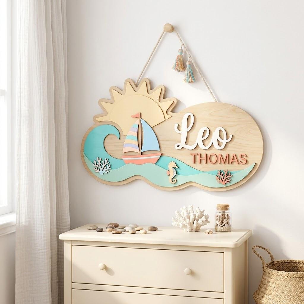 Custom Ocean Baby Name Sign 3D Wooden Sailboat Nursery Wall Decor, Custom Boy Door Hanger, Nautical Baby Shower Gift for Boys Room Art
