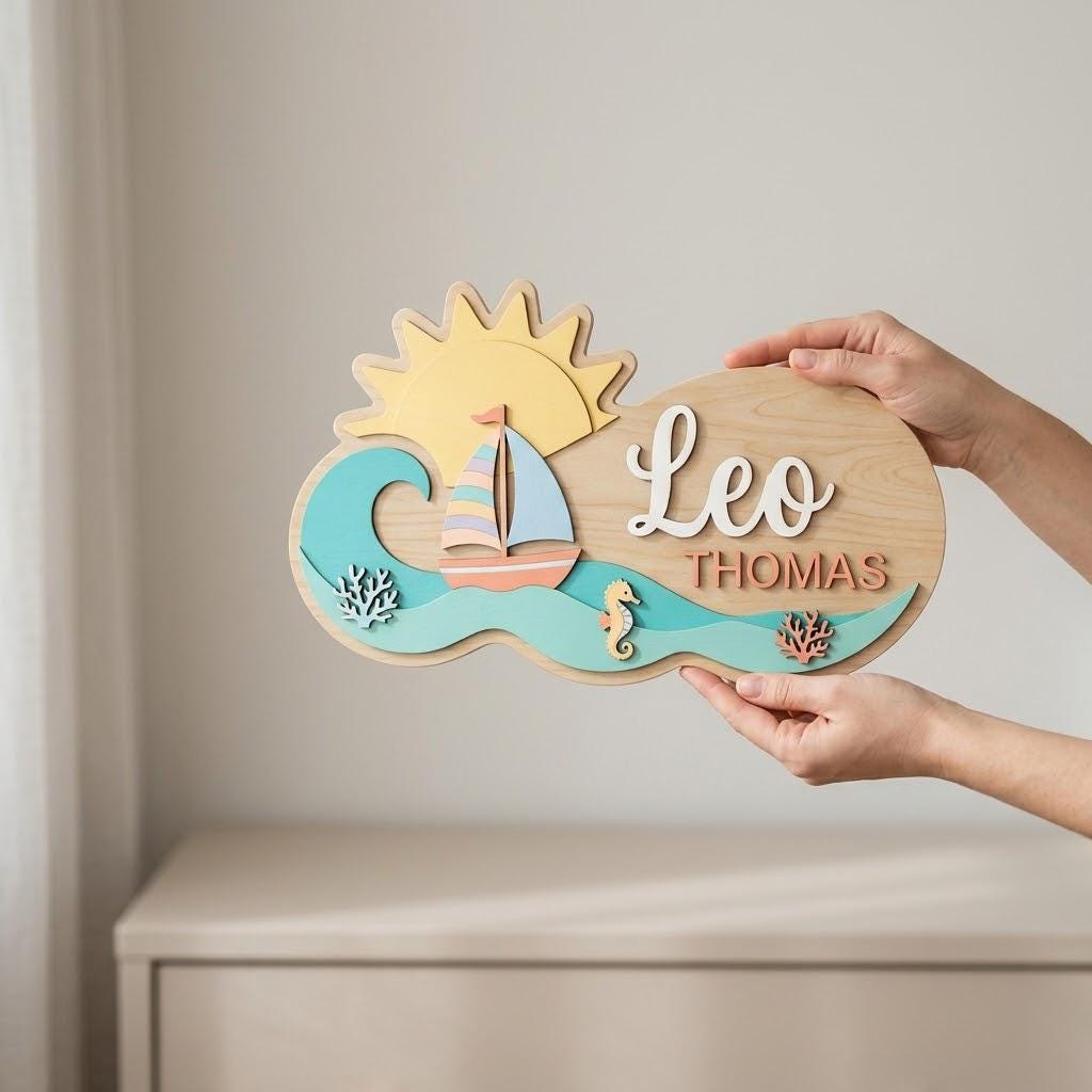 Custom Ocean Baby Name Sign 3D Wooden Sailboat Nursery Wall Decor, Custom Boy Door Hanger, Nautical Baby Shower Gift for Boys Room Art