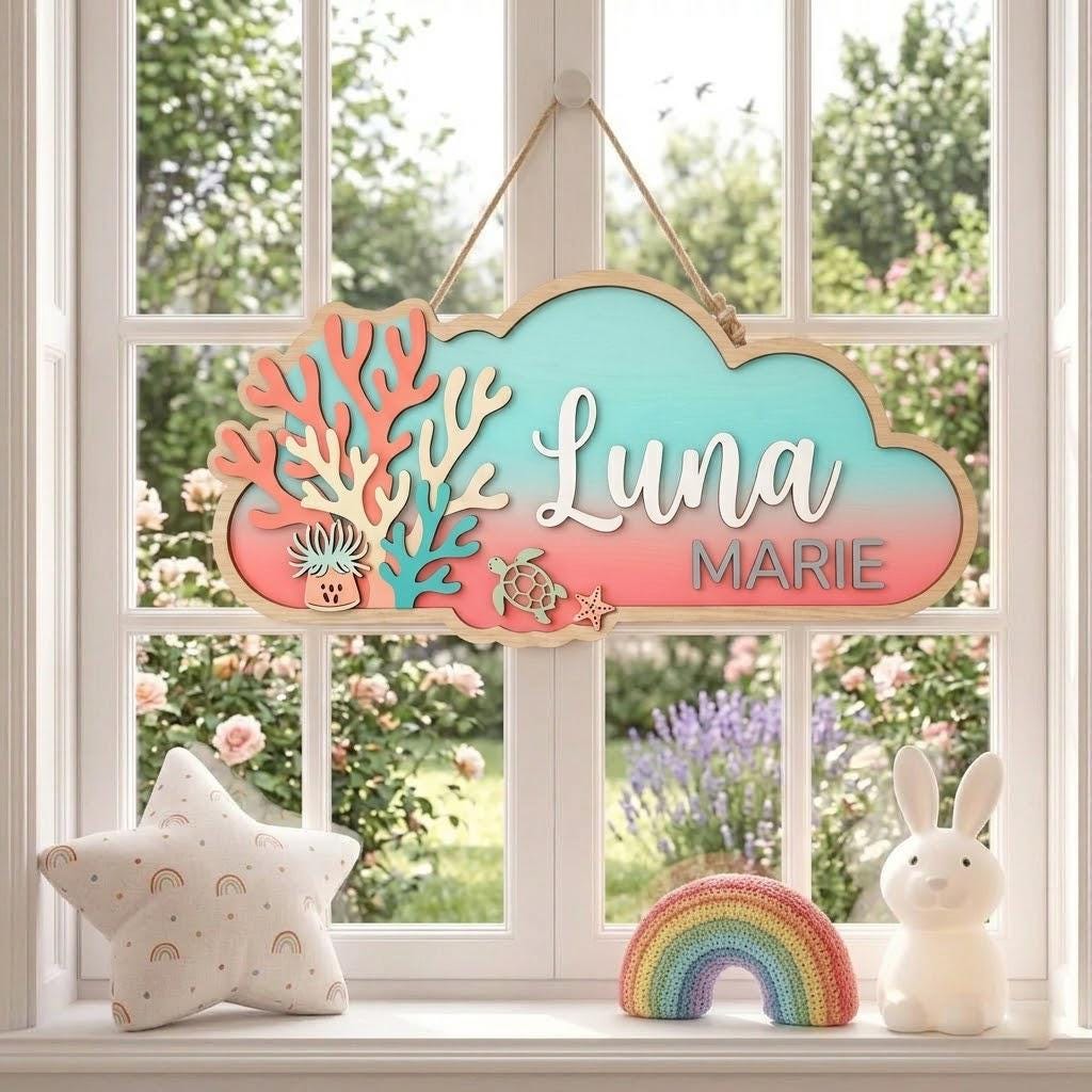 Personalized Coral Reef Baby Name Sign, 3D Wooden Ocean Nursery Wall Decor, Custom Girl Door Hanger, Sea Turtle Baby Shower Gift, Girls Room
