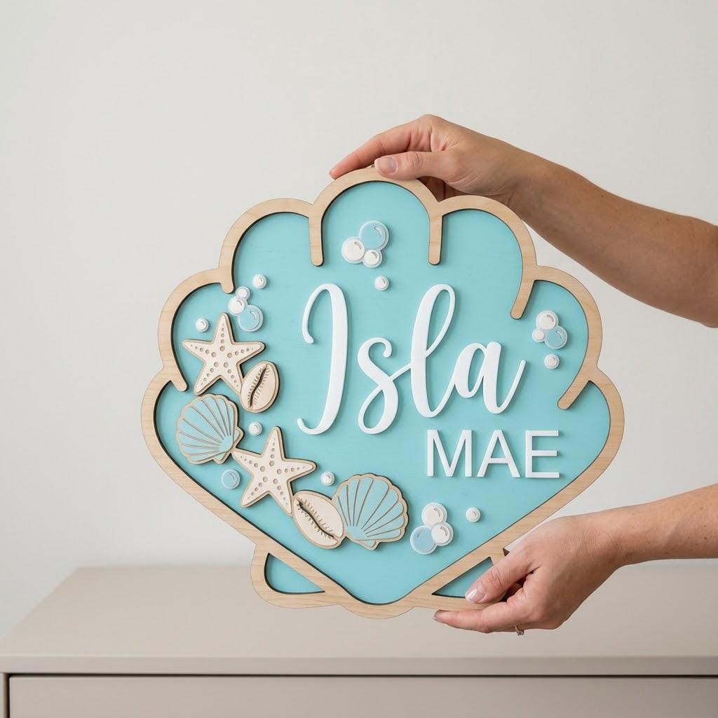 Personalized Seashell Baby Name Sign, 3D Wooden Ocean Nursery Wall Decor, Custom Girl Door Hanger, Beach Baby Shower Gift for Girls Room Art