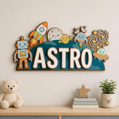 Personalized Robot Space Baby Name Sign, 3D Wooden Rocket Nursery Wall Decor, Custom Kids Door Hanger, Astronaut Baby Shower Gift Room Art