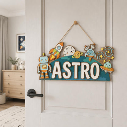 Personalized Robot Space Baby Name Sign, 3D Wooden Rocket Nursery Wall Decor, Custom Kids Door Hanger, Astronaut Baby Shower Gift Room Art