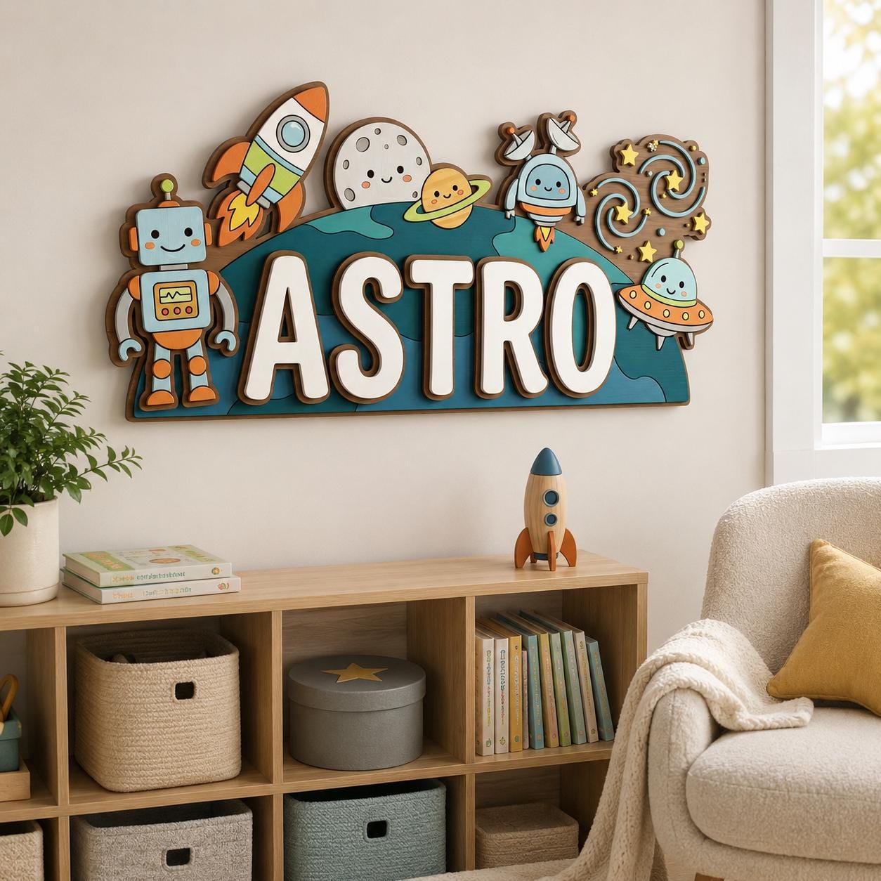 Personalized Robot Space Baby Name Sign, 3D Wooden Rocket Nursery Wall Decor, Custom Kids Door Hanger, Astronaut Baby Shower Gift Room Art