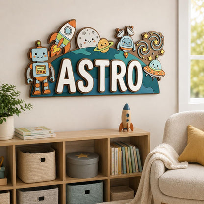 Personalized Robot Space Baby Name Sign, 3D Wooden Rocket Nursery Wall Decor, Custom Kids Door Hanger, Astronaut Baby Shower Gift Room Art