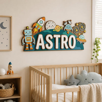 Personalized Robot Space Baby Name Sign, 3D Wooden Rocket Nursery Wall Decor, Custom Kids Door Hanger, Astronaut Baby Shower Gift Room Art