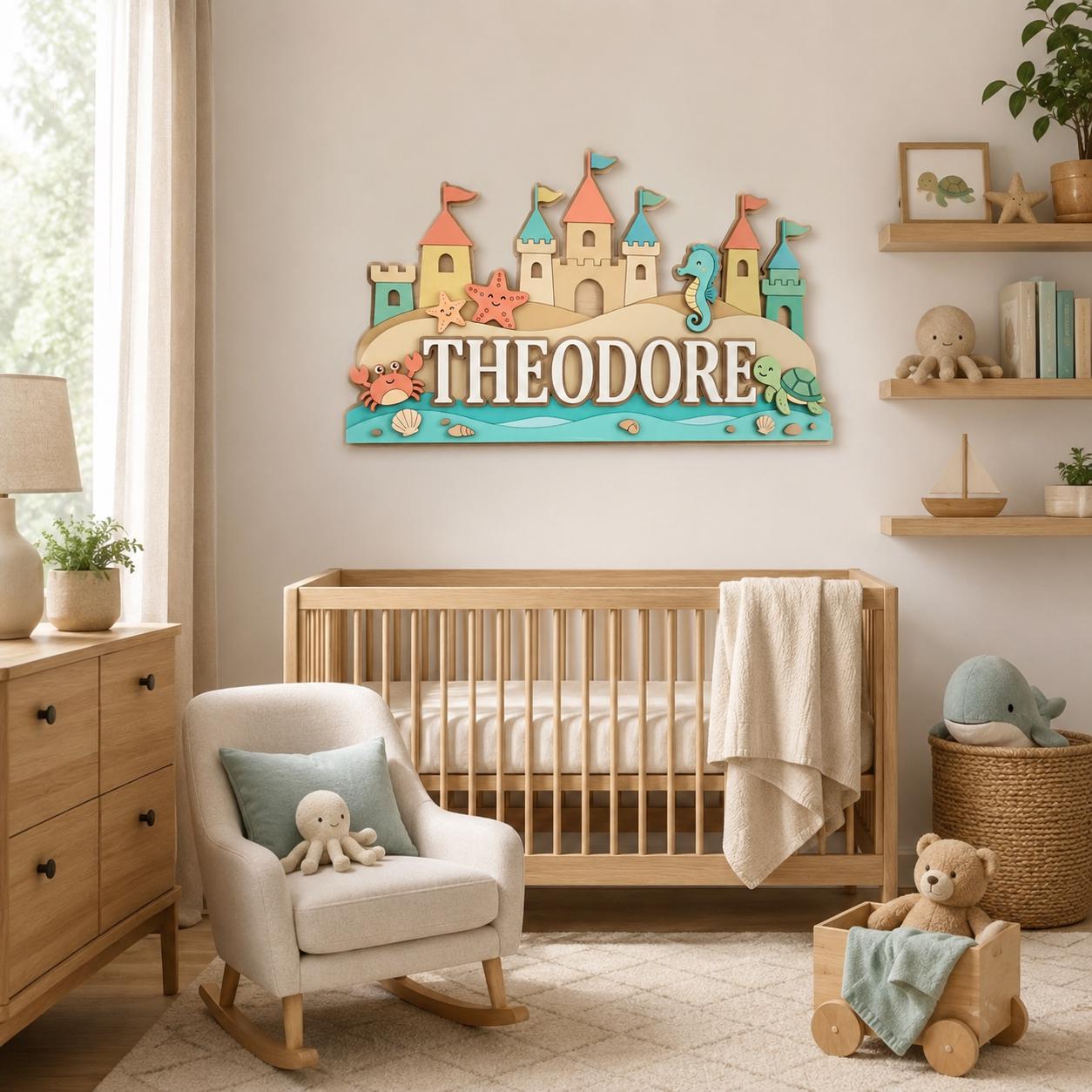 Personalized Sandcastle Baby Name Sign, 3D Wooden Beach Nursery Wall Decor, Custom Ocean Door Hanger, Coastal Baby Shower Gift, Kids Name