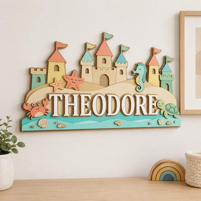 Personalized Sandcastle Baby Name Sign, 3D Wooden Beach Nursery Wall Decor, Custom Ocean Door Hanger, Coastal Baby Shower Gift, Kids Name