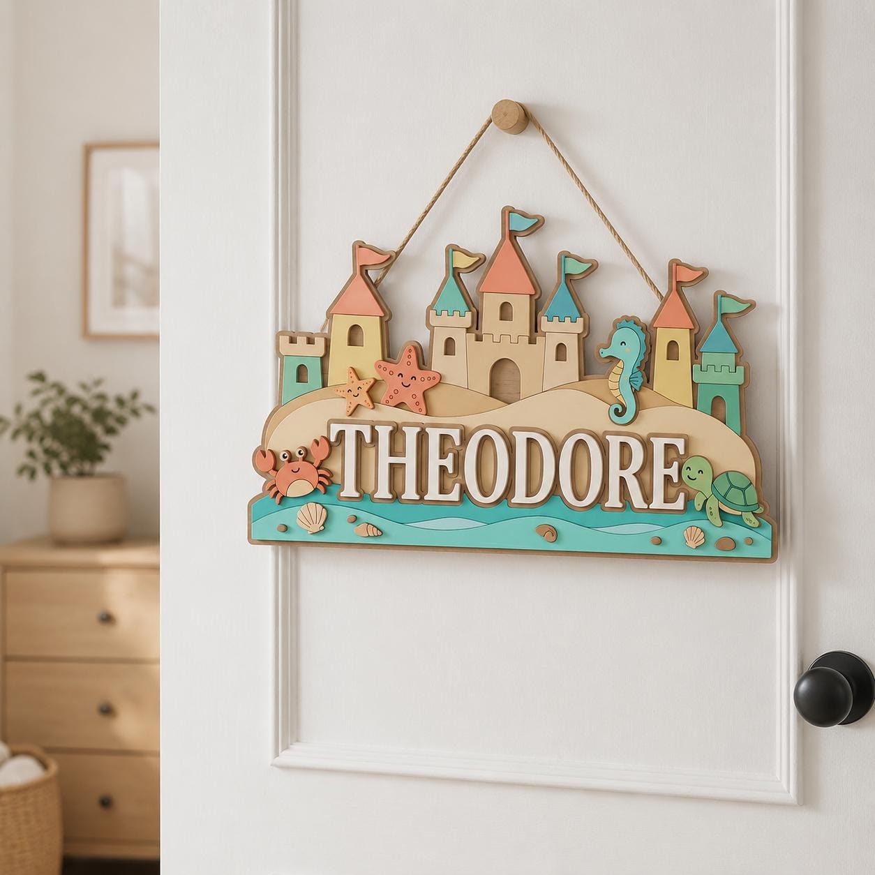 Personalized Sandcastle Baby Name Sign, 3D Wooden Beach Nursery Wall Decor, Custom Ocean Door Hanger, Coastal Baby Shower Gift, Kids Name