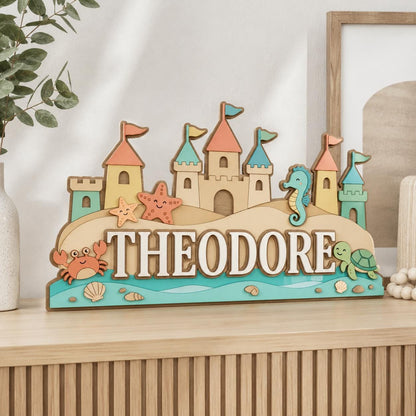 Personalized Sandcastle Baby Name Sign, 3D Wooden Beach Nursery Wall Decor, Custom Ocean Door Hanger, Coastal Baby Shower Gift, Kids Name