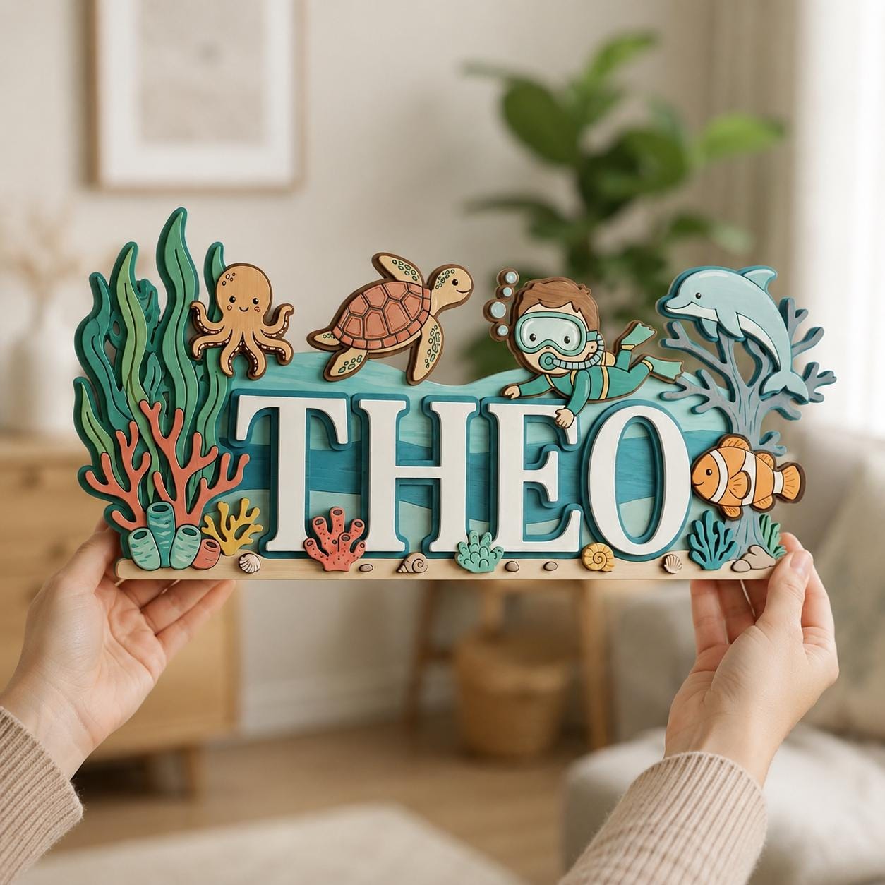 Personalized Under The Sea Baby Name Sign, 3D Wooden Ocean Nursery Wall Decor, Custom Boy Door Hanger, Diver Baby Shower Gift for Boys Room