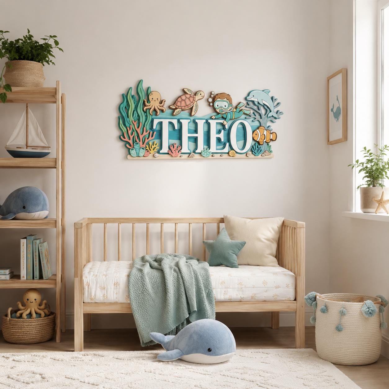 Personalized Under The Sea Baby Name Sign, 3D Wooden Ocean Nursery Wall Decor, Custom Boy Door Hanger, Diver Baby Shower Gift for Boys Room