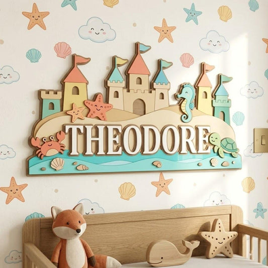Personalized Sandcastle Baby Name Sign, 3D Wooden Beach Nursery Wall Decor, Custom Ocean Door Hanger, Coastal Baby Shower Gift, Kids Name