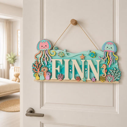 Personalized Jellyfish Baby Name Sign, Wooden Ocean Nursery Wall Decor, Custom Kids Door Hanger, Under Sea Baby Shower Gift Nursery Wall Art