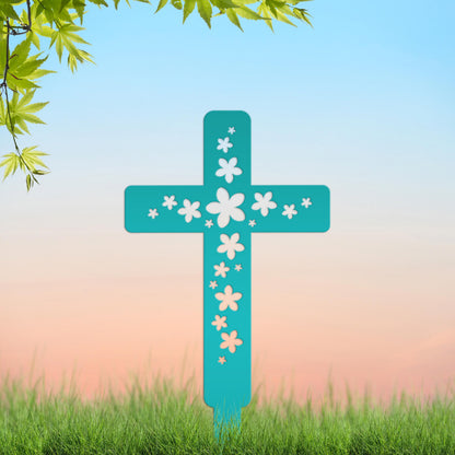 Flower Cross Metal Yard Stake - Christian/Easter Decor