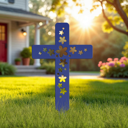 Flower Cross Metal Yard Stake - Christian/Easter Decor