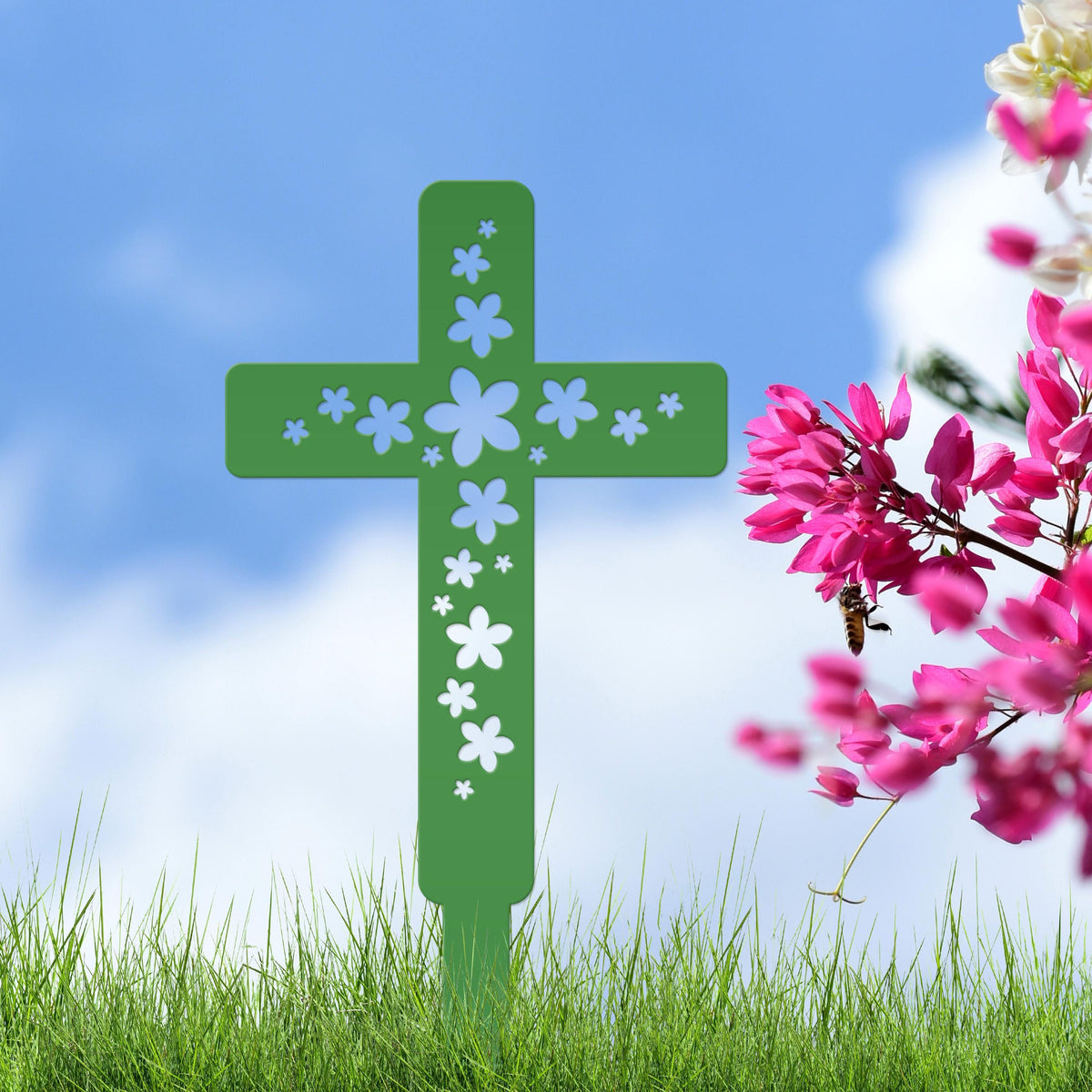 Flower Cross Metal Yard Stake - Christian/Easter Decor
