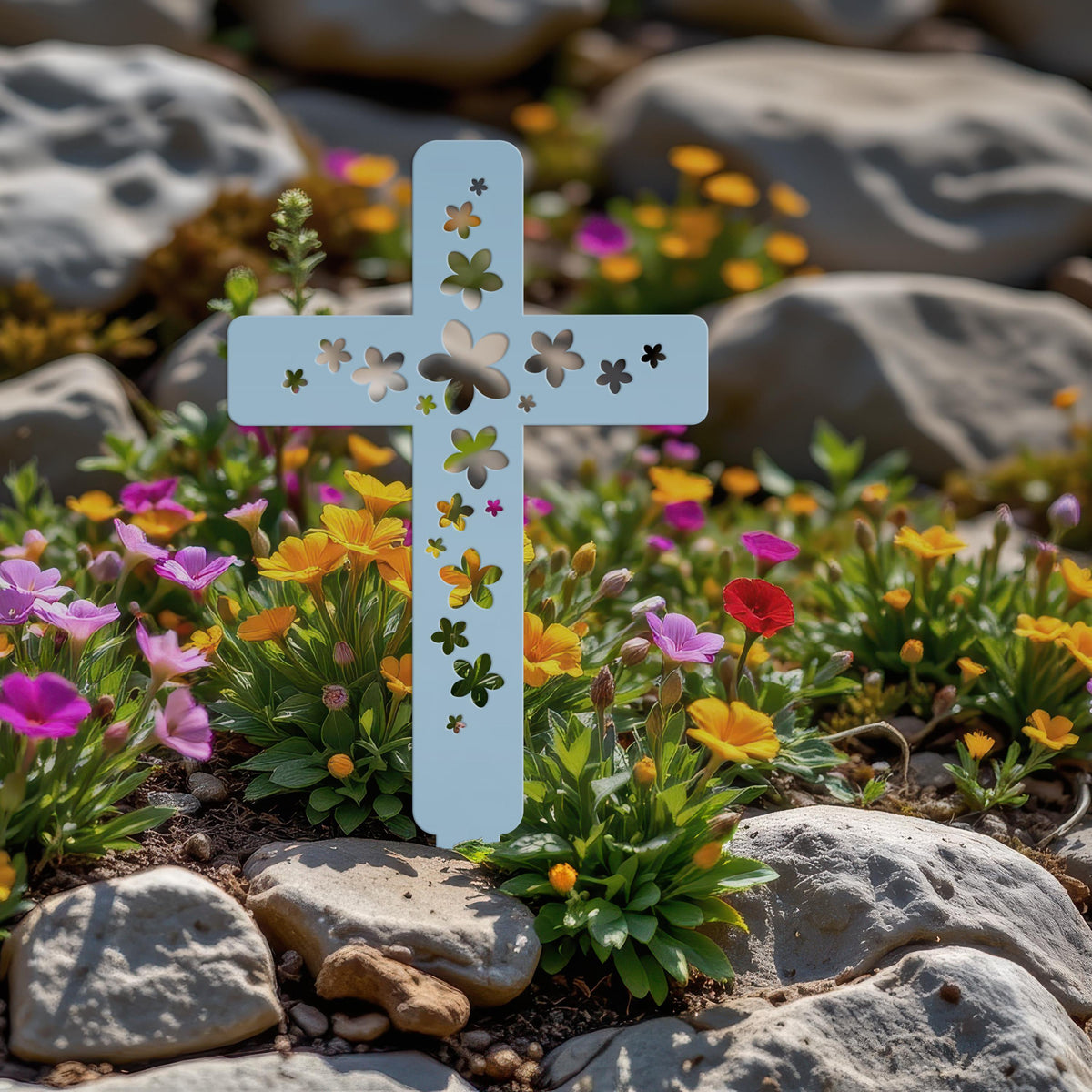 Flower Cross Metal Yard Stake - Christian/Easter Decor