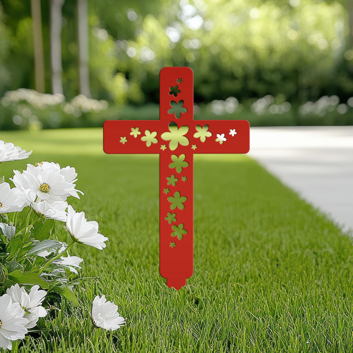 Flower Cross Metal Yard Stake - Christian/Easter Decor