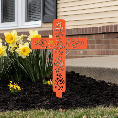 Cross for Front Yard or Garden, Metal Scrolled Cross, Christian Easter Decor