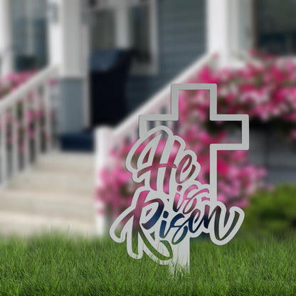 Outdoor He is Risen Cross Metal Yard Stake - Christian Easter Decor - Powder Coated Outdoor Easter Decor