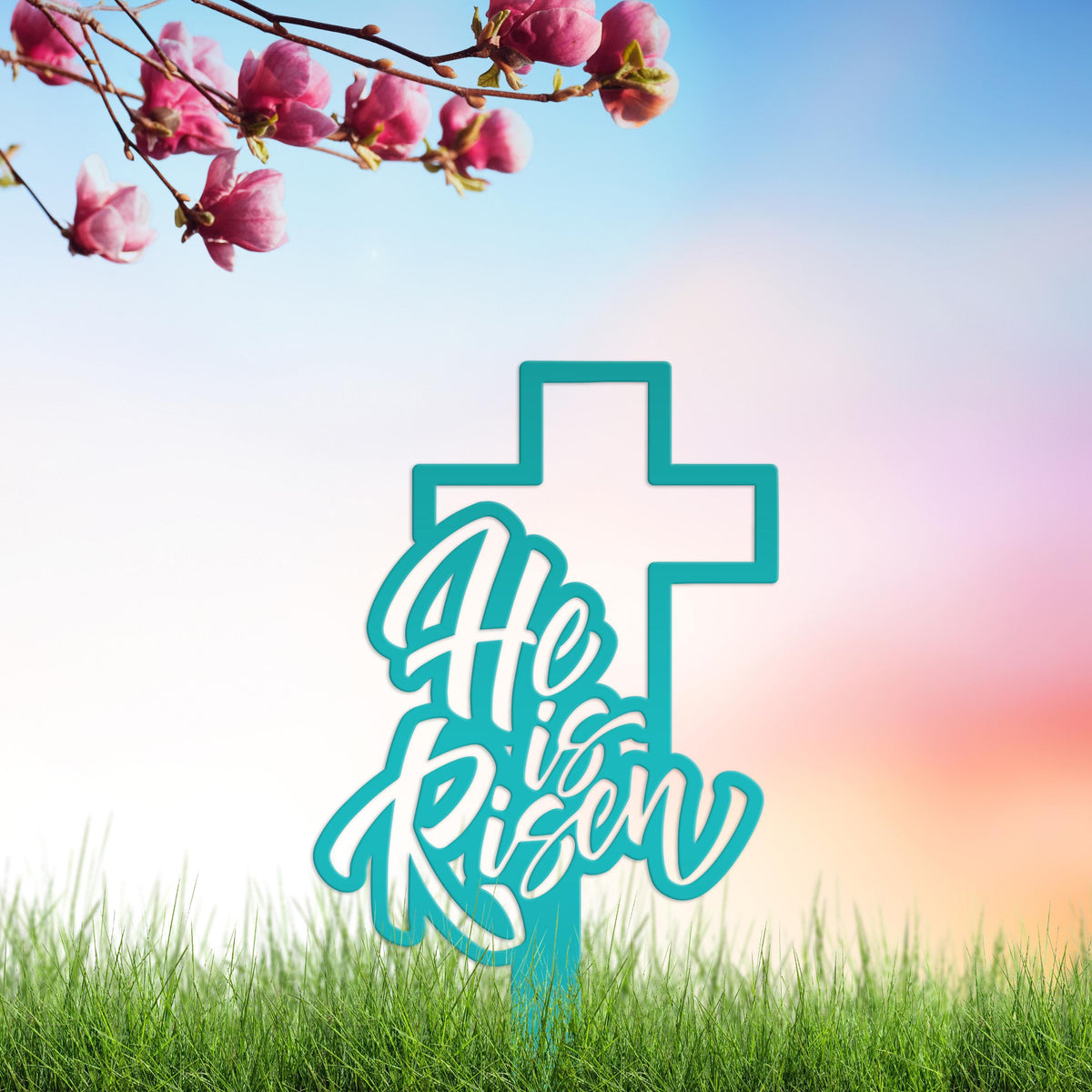 Outdoor He is Risen Cross Metal Yard Stake - Christian Easter Decor - Powder Coated Outdoor Easter Decor