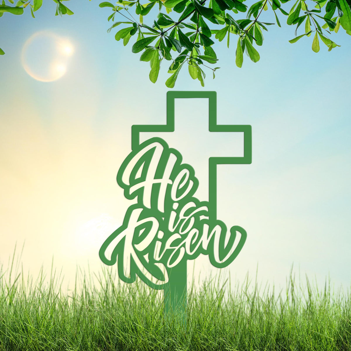 Outdoor He is Risen Cross Metal Yard Stake - Christian Easter Decor - Powder Coated Outdoor Easter Decor