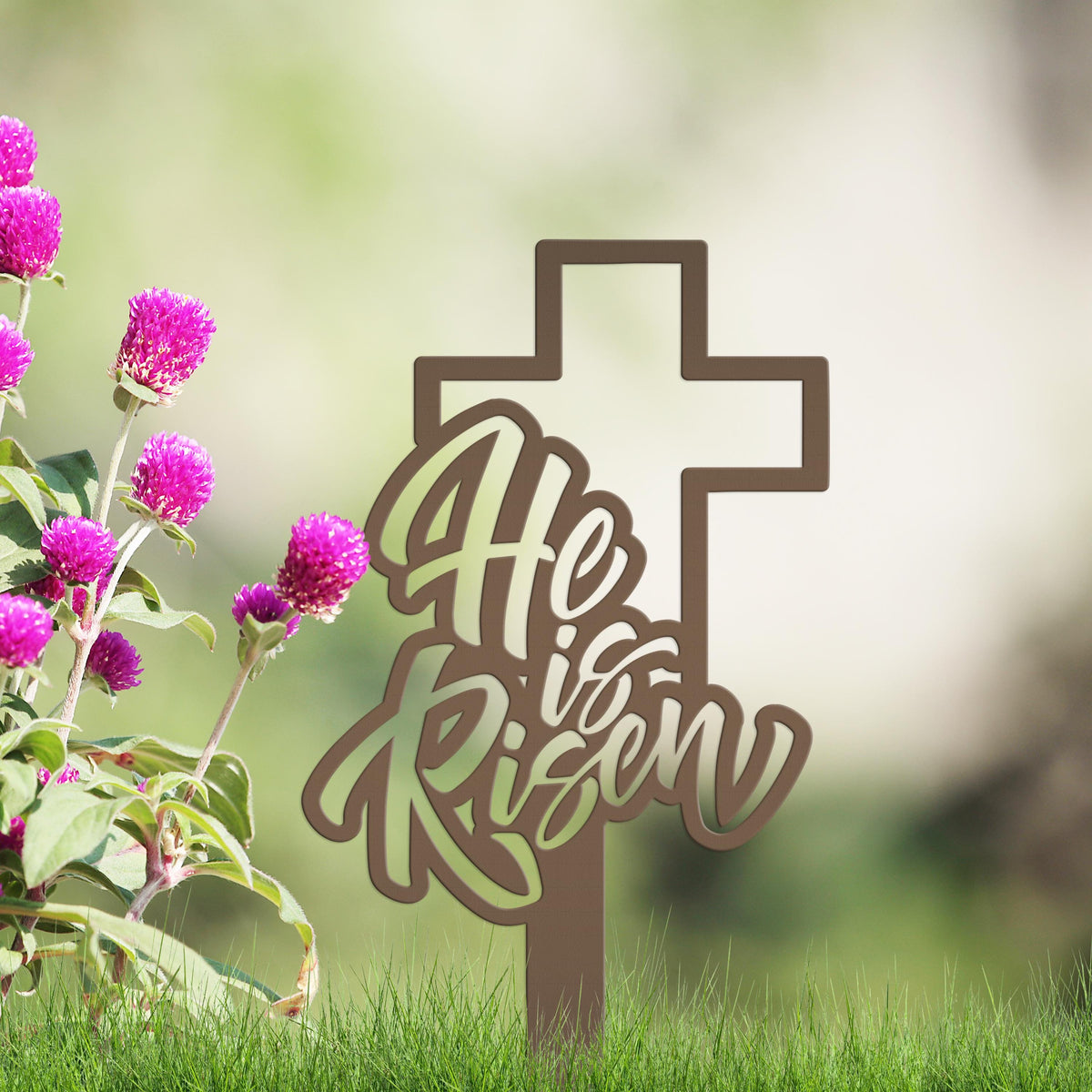 Outdoor He is Risen Cross Metal Yard Stake - Christian Easter Decor - Powder Coated Outdoor Easter Decor