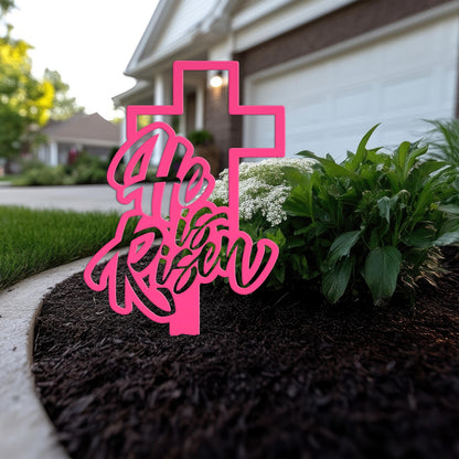Outdoor He is Risen Cross Metal Yard Stake - Christian Easter Decor - Powder Coated Outdoor Easter Decor