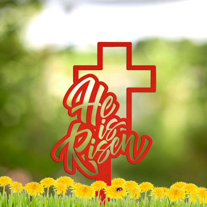 Outdoor He is Risen Cross Metal Yard Stake - Christian Easter Decor - Powder Coated Outdoor Easter Decor