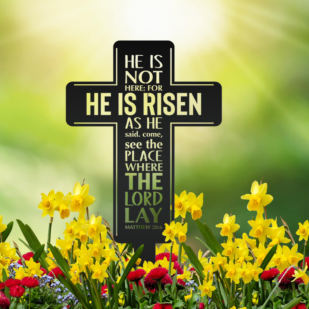 Metal Easter Cross Yard Stake - Matthew 28