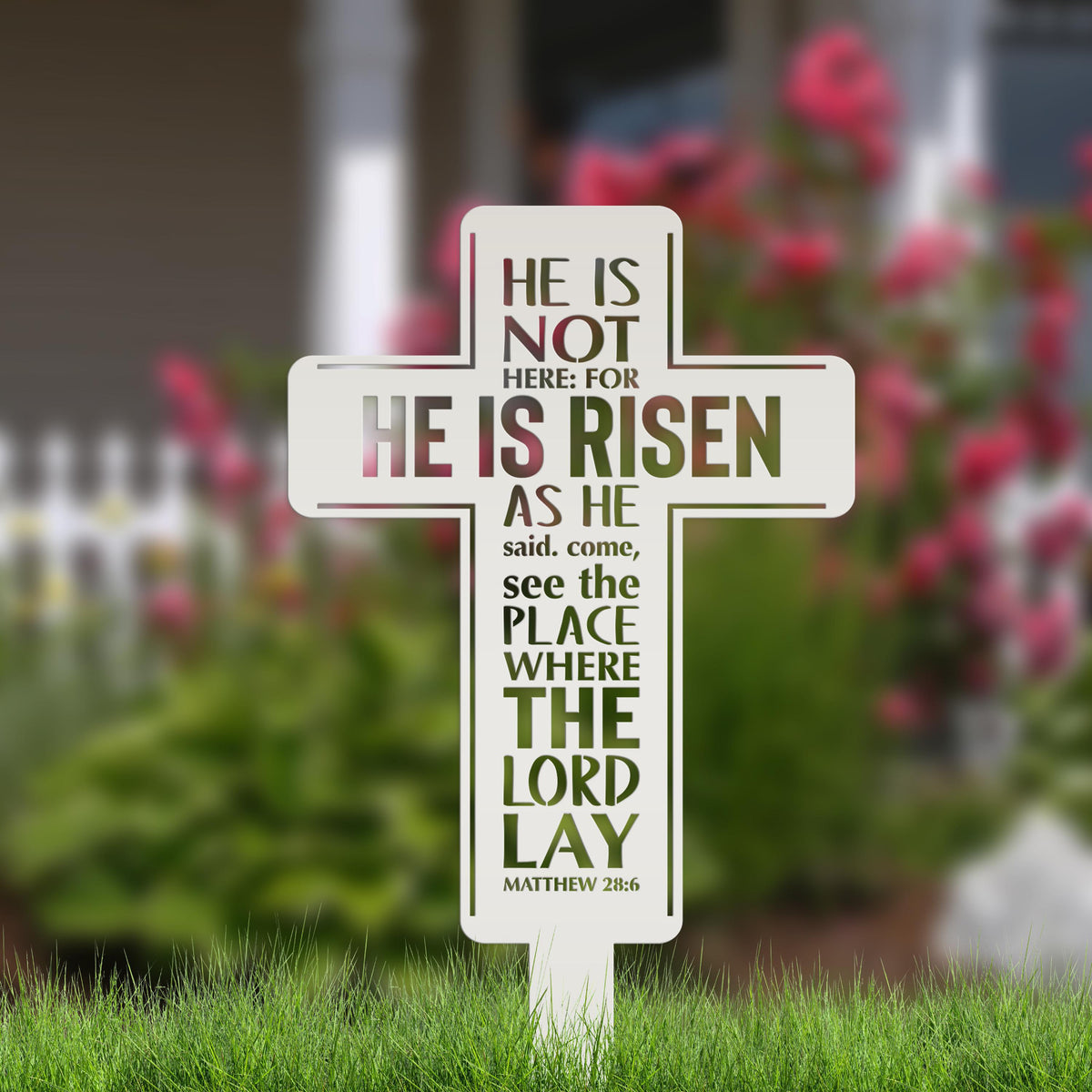 Metal Easter Cross Yard Stake - Matthew 28