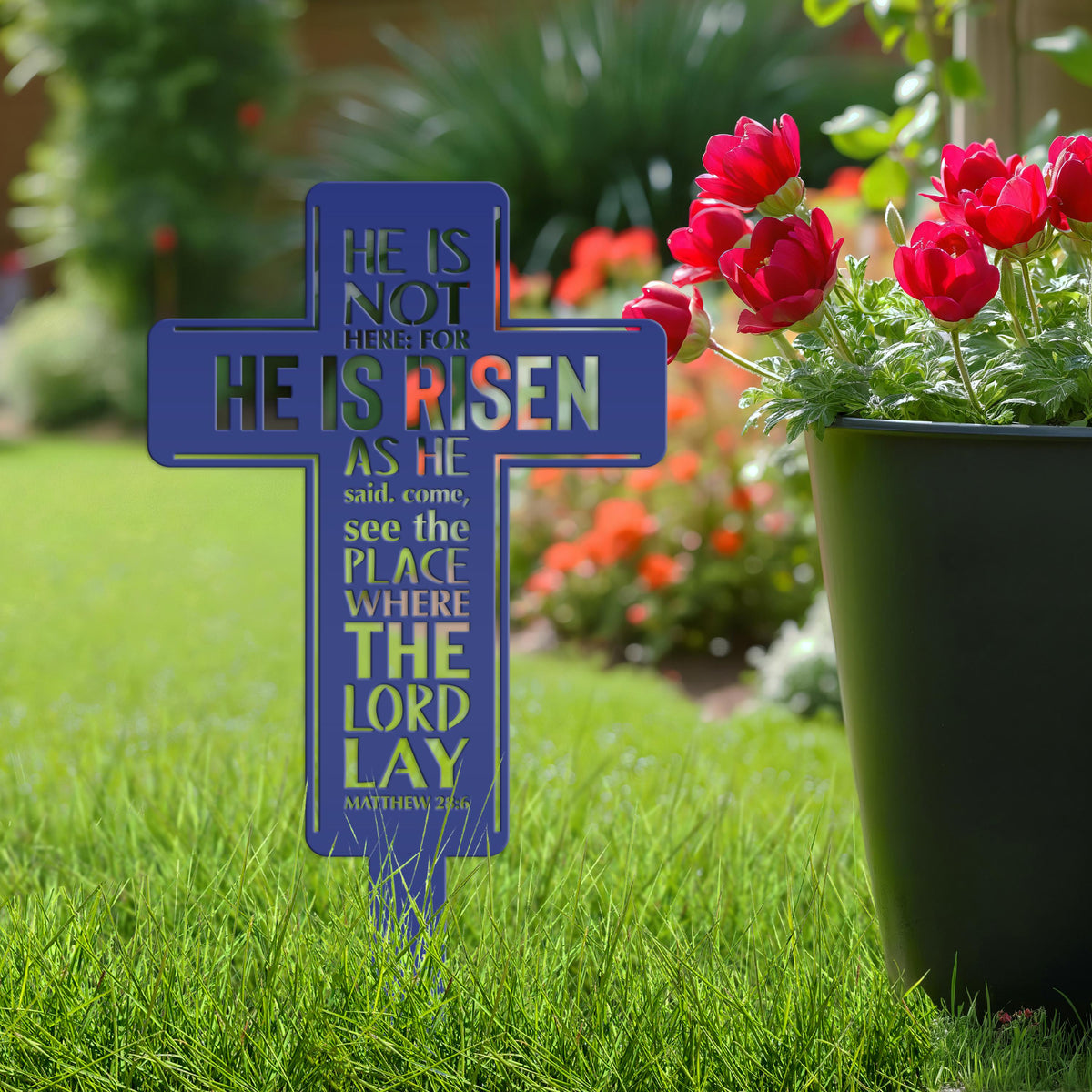 Metal Easter Cross Yard Stake - Matthew 28